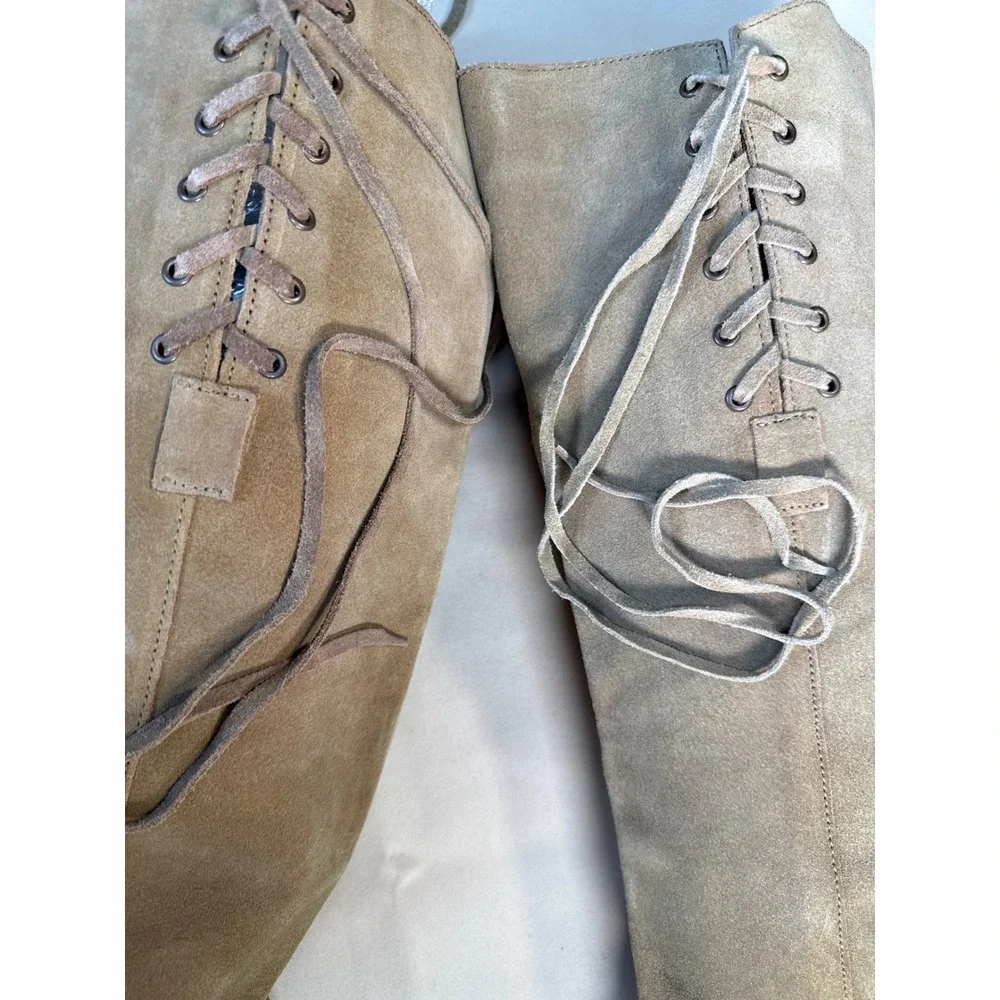 BX by Bronx Women Tan Suede Tall Lace Up Boots Size 8.5 Taupe Boho Low Heel